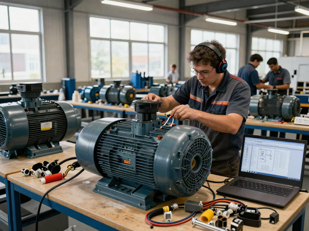 Motores eléctricos en Venezuela en un taller industrial con técnico realizando mantenimiento en motores trifásicos.