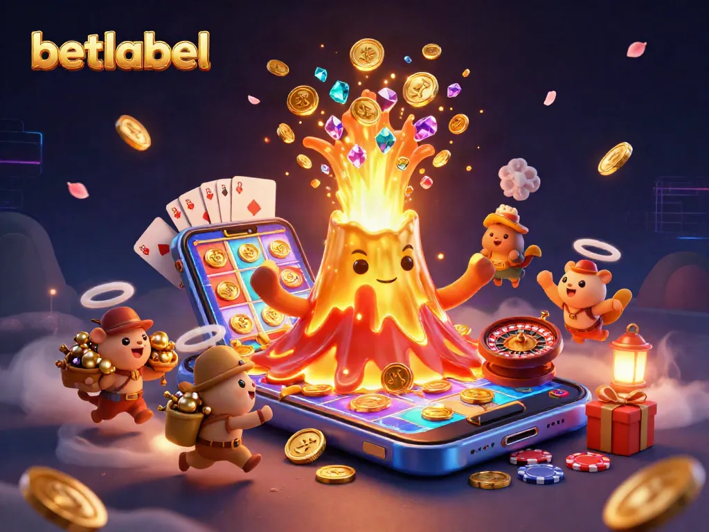 Win big with betlabel casino, featuring a lively golden volcano erupting treasure amidst dynamic gaming elements.