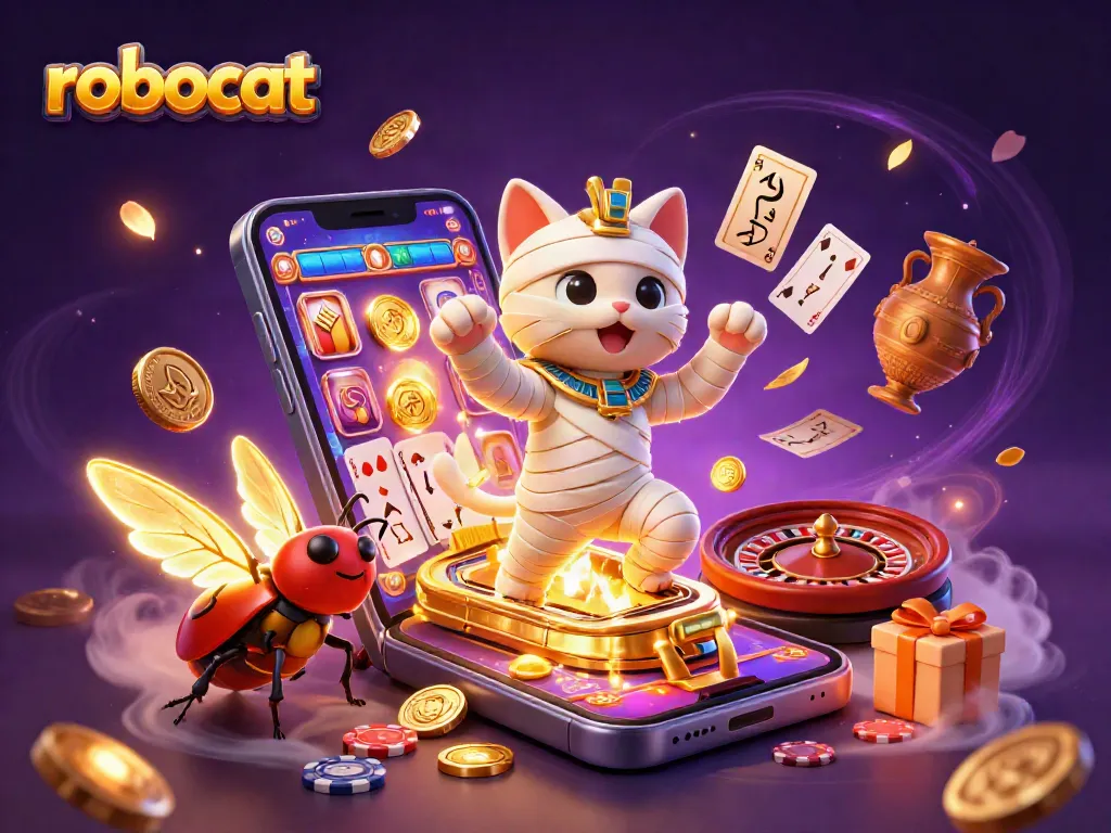 Experience robocat's vibrant online casino action with a cartoon mummy cat and glowing treasures.