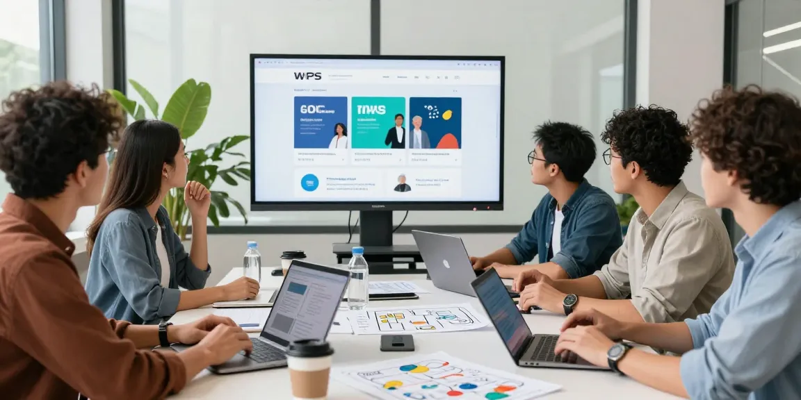 Team discussing WPS Official Website features in a modern workspace.