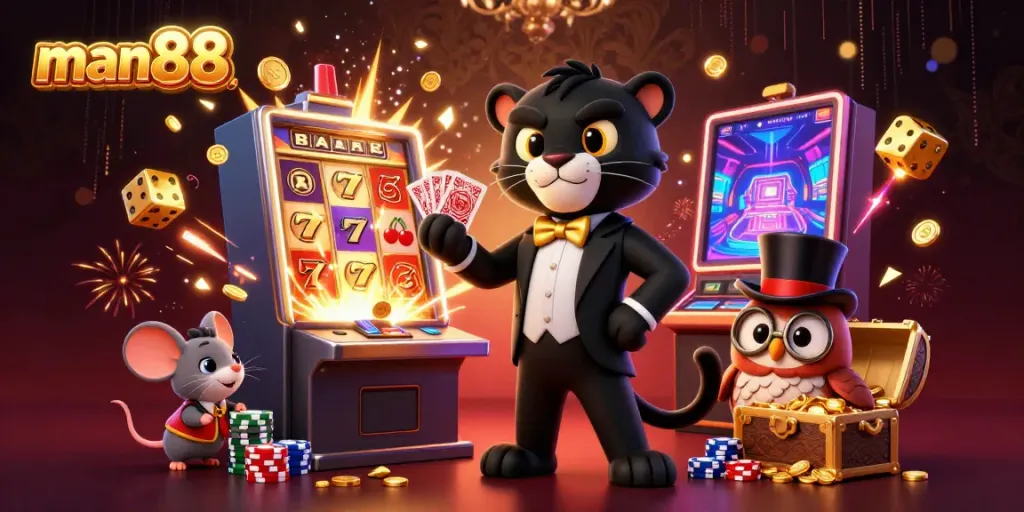 Experience thrilling gameplay at man88 with a stylish black panther dealer, vibrant casino elements, and rich jackpots.