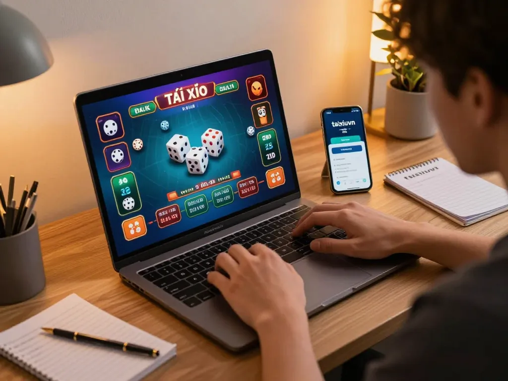 Engaging with the taixiuvn app for Tài Xỉu online gaming on a laptop in a cozy home office.