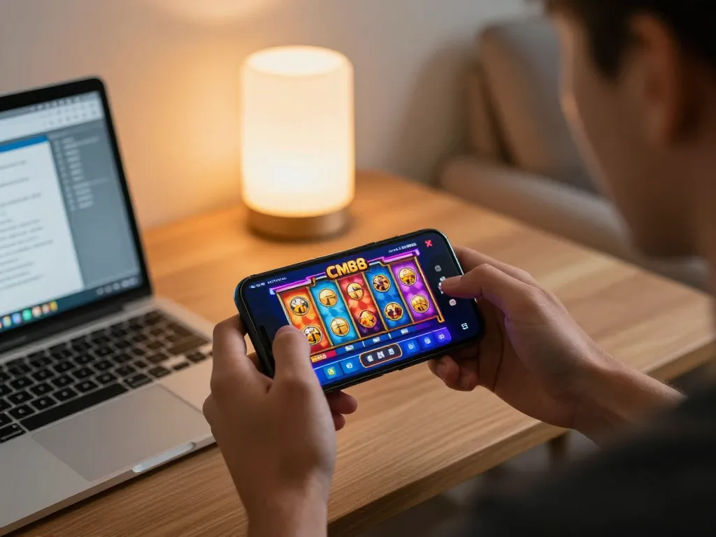 Players enjoying CM88's slot machines on a smartphone, highlighting online gaming excitement.