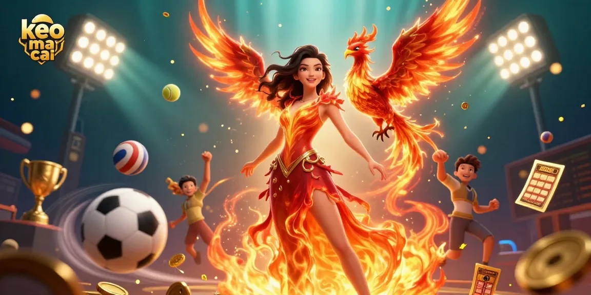 Bet on keo nha cai with a stunning Asian woman, fiery phoenix, and dynamic sports elements.