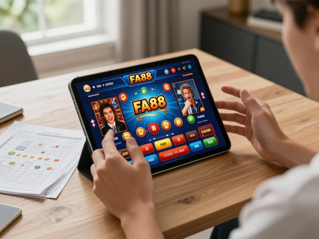 Player engaging with FA88 casino app on tablet, showcasing excitement and strategic gaming.