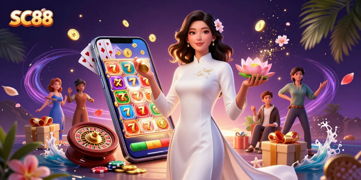 Engage with SC88, featuring an elegant Asian woman in a casino-themed scene, dynamic slot games, and vibrant visuals.