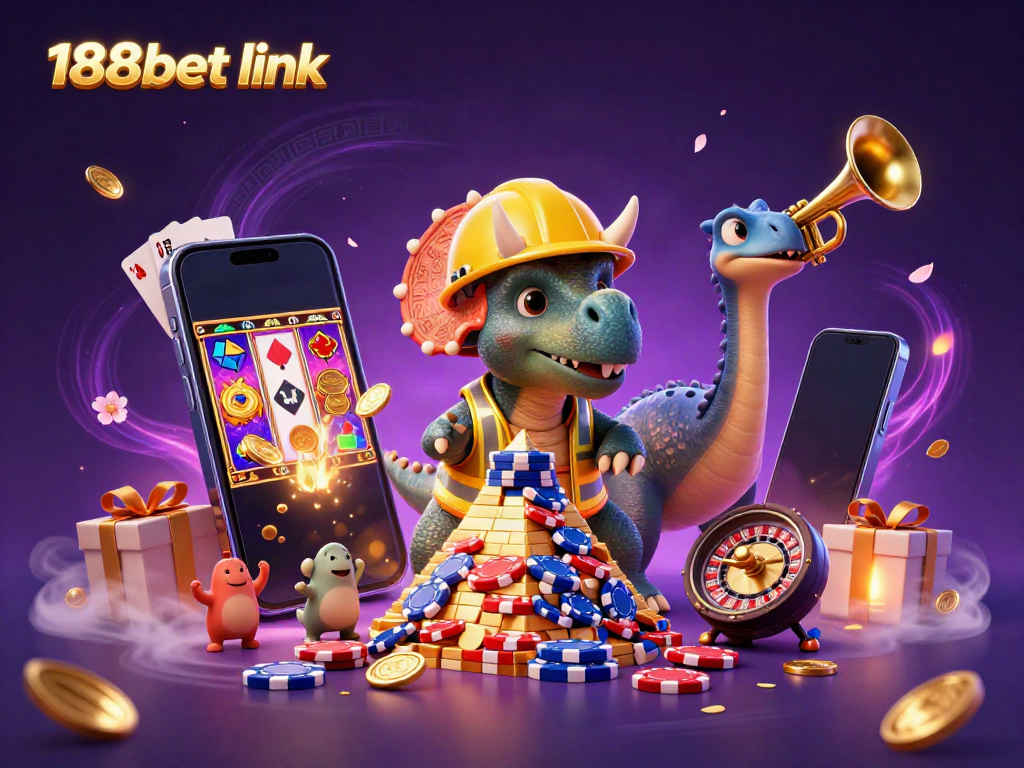 Engage with the exciting 188bet link as a triceratops builds poker chips and celebrates with a dinosaur band.