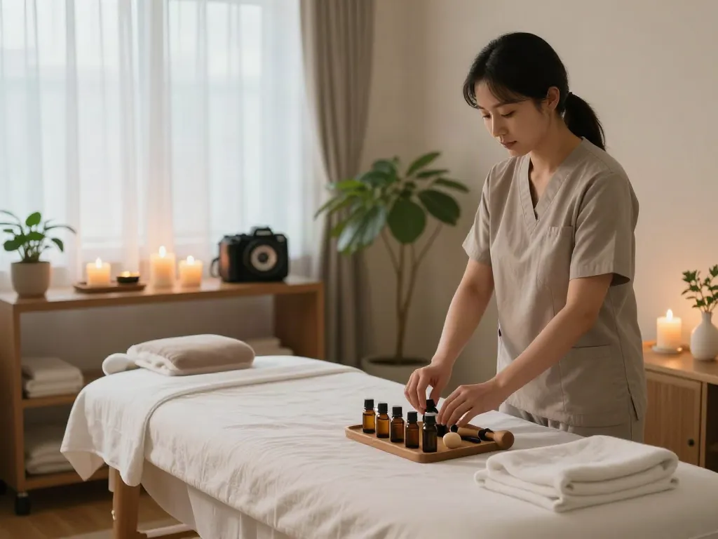 신촌출장안마 massage therapy scene featuring a welcoming therapist, essential oils, and relaxing atmosphere.