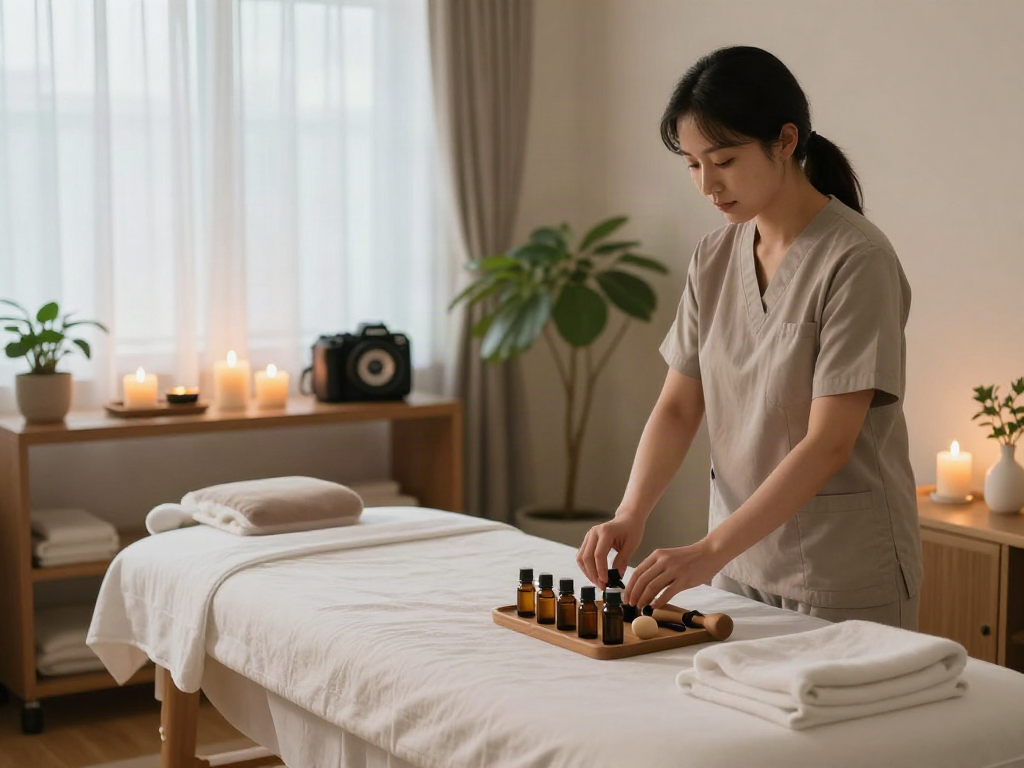 신촌출장안마 massage therapy scene featuring a welcoming therapist, essential oils, and relaxing atmosphere.