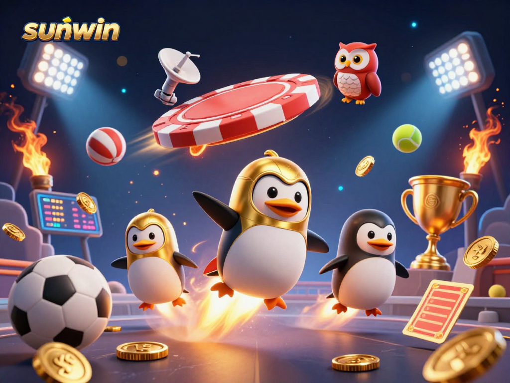 Experience the thrill of sunwin as the golden penguin whizzes past a poker chip casino.