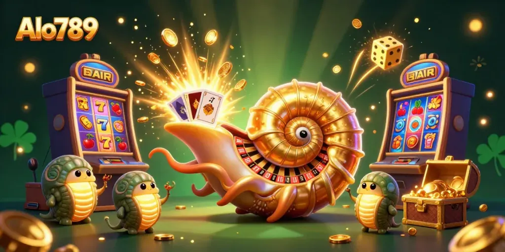 Engage with thrilling casino fun at Alo789 featuring an ancient nautilus acting as a roulette wheel amidst dynamic gaming elements.