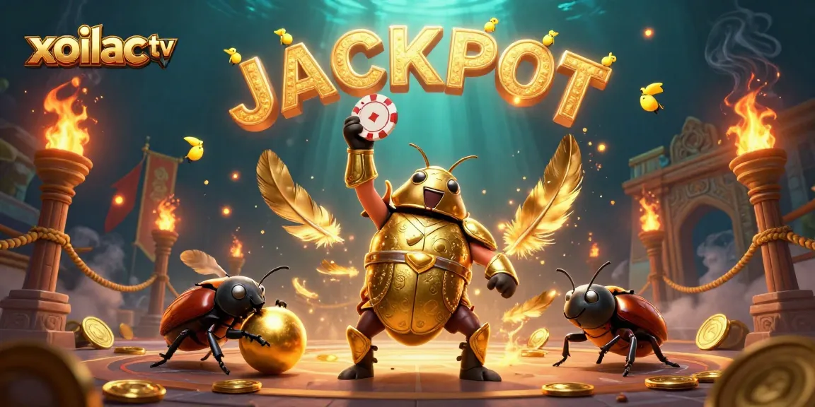 Xoilac TV inspires winning strategies with a vibrant 3D illustration of a beetle champion celebrating a jackpot.