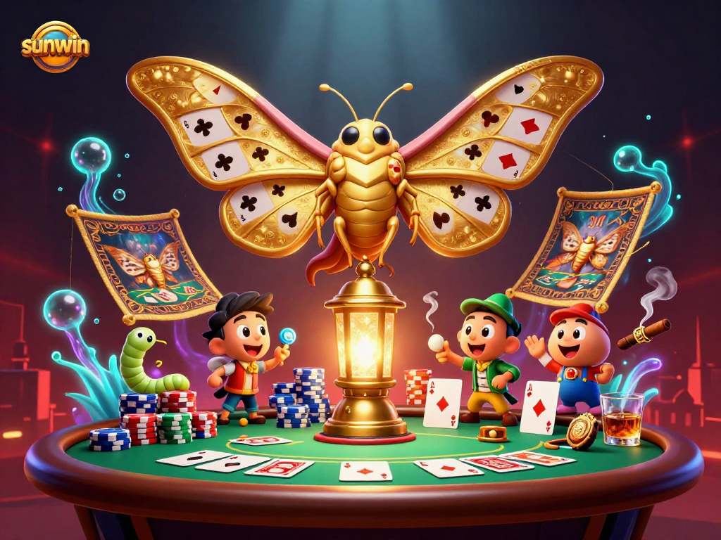 Experience sunwin's vibrant casino magic with a 3D moth and poker scene in intricate detail.