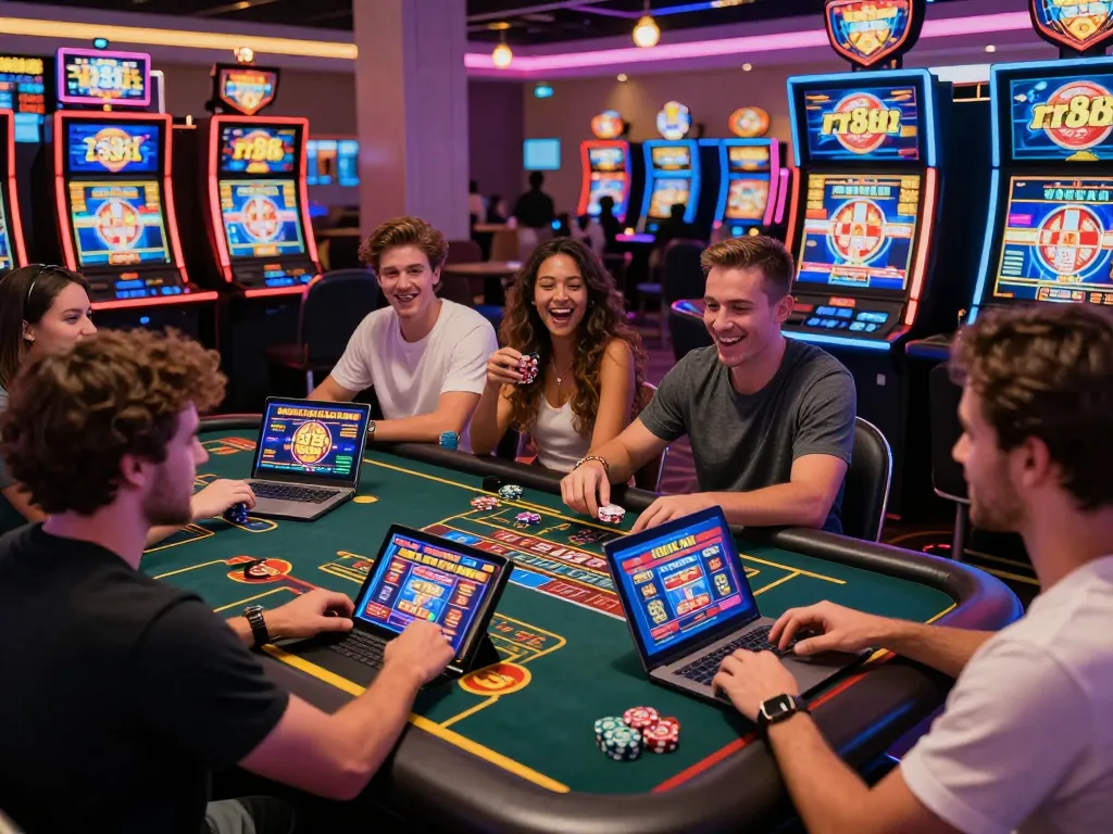Exciting online gambling scene at rr88.com showcasing diverse players engaged in vibrant virtual casino games.
