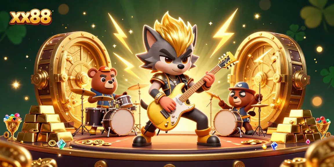 Experience thrills at xx88 with cartoon characters rocking the stage amidst treasure and gaming excitement.