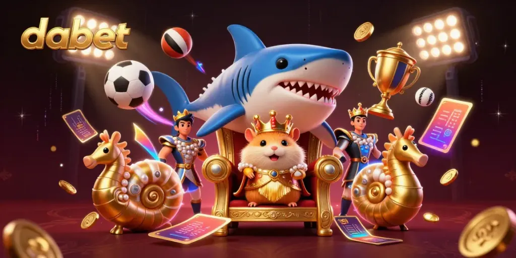 Experience the vibrant thrill of dabet with a cartoon hamster king enthroned on a shark tooth amidst dynamic sports elements.