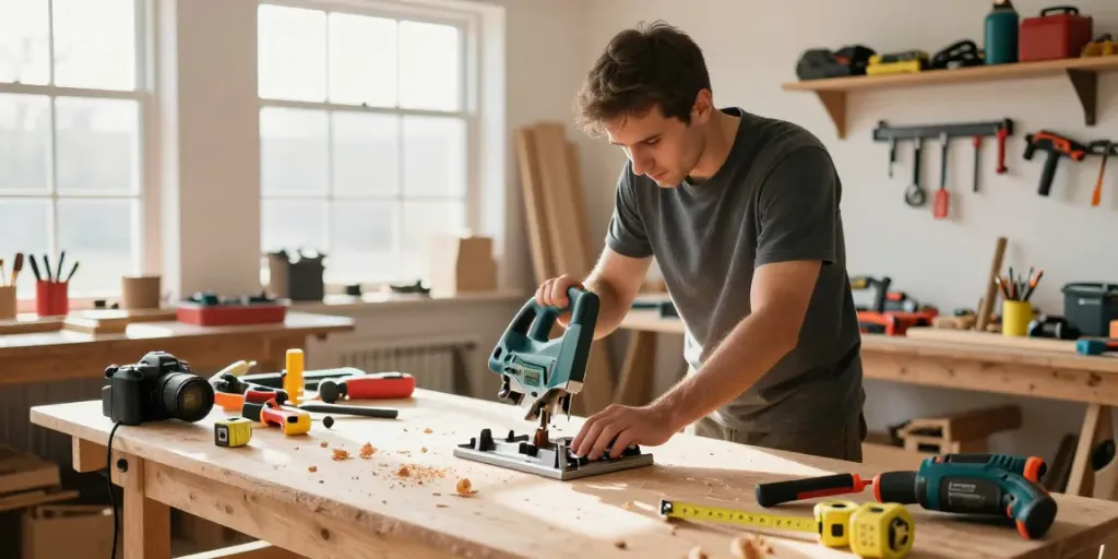 Venta de herramientas Festool durante Black Friday, un artesano mostrando una sierra de inmersión en su taller.