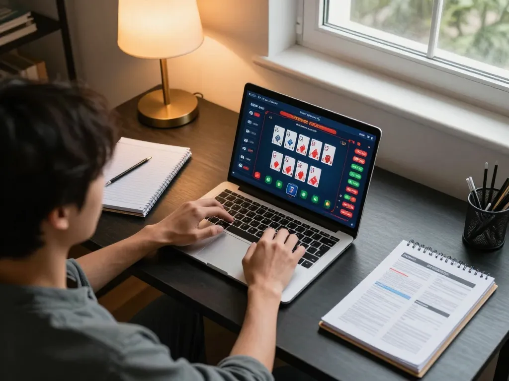 GG88 player engaging in online poker game on a laptop at home, showcasing strategic gameplay.