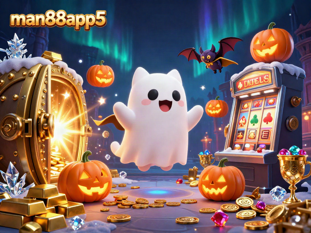 Experience thrilling games at man88app5 with a ghost cat, bat, and glowing treasures in a haunted casino.