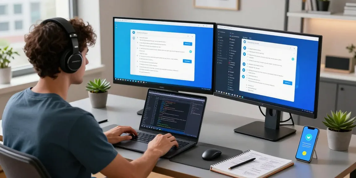 Engaging workspace scene showcasing Telegram Web in action on dual monitors with vibrant chat interfaces and tech-savvy elements.
