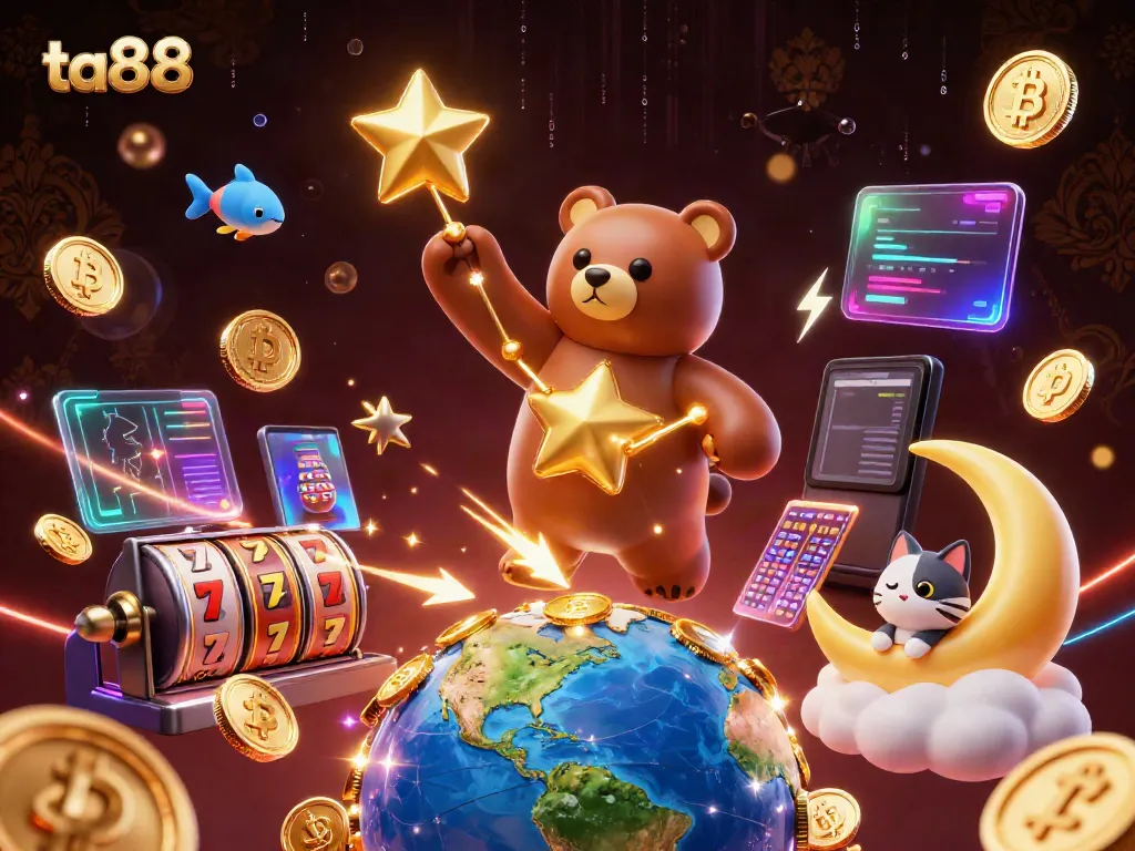 Experience thrilling casino excitement at ta88, with a constellation bear scooping gold coins amid vibrant crypto elements.