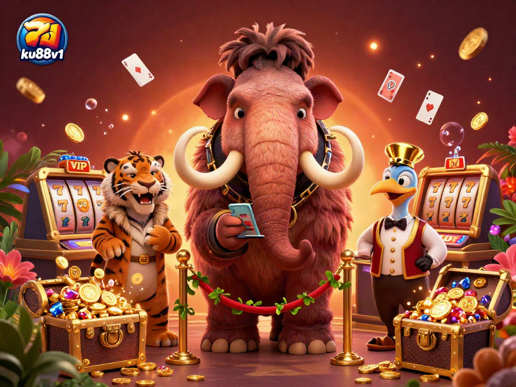 Experience the vibrant casino life with ku88v1 featuring a woolly mammoth bouncer, saber-tooth tiger VIP, and lively gaming elements.