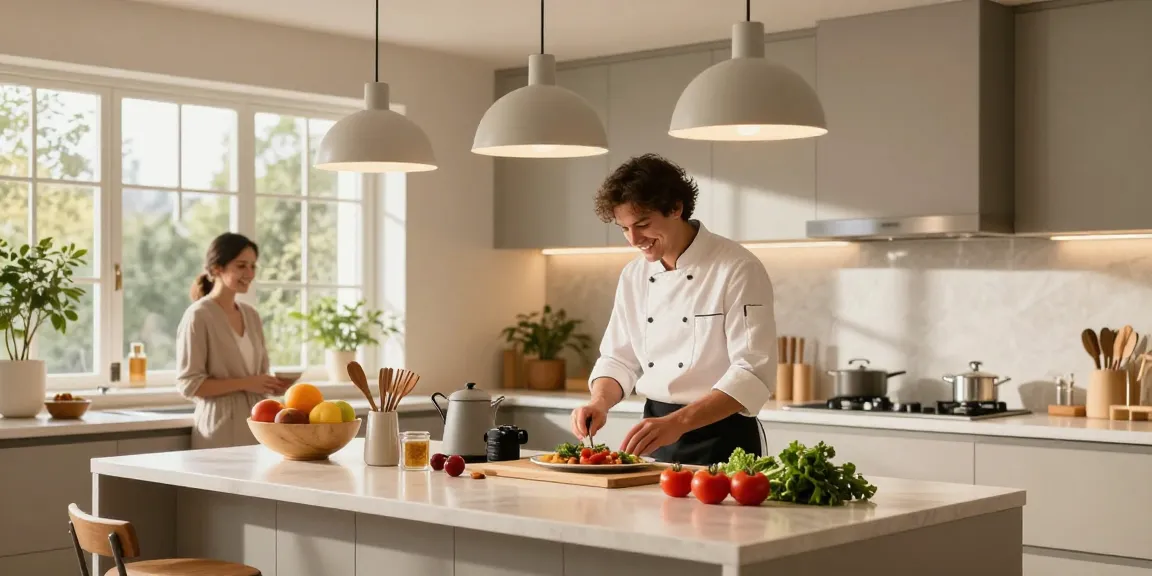 Lamps para isla de cocina creating an inviting atmosphere in a modern kitchen with a cheerful cook and fresh ingredients.