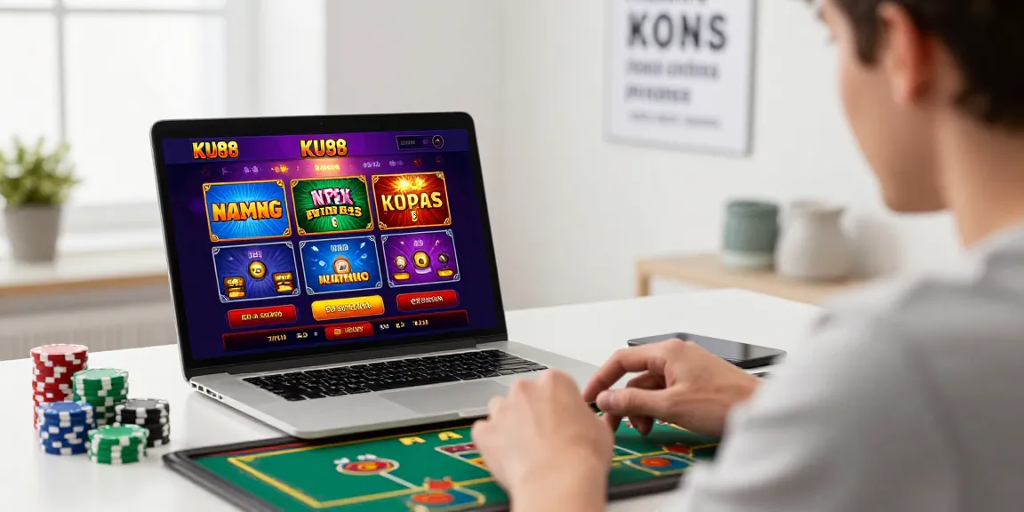 User engaging with KU88 online gambling platform on a laptop, showcasing vibrant casino games.