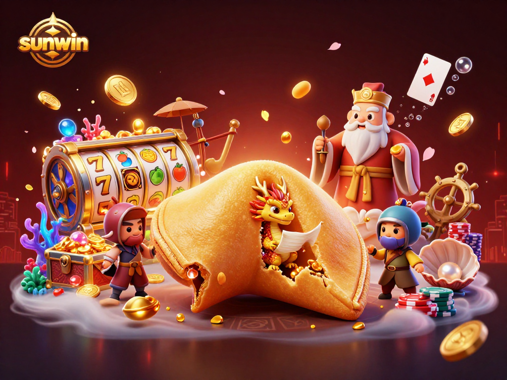 Experience sunwin's dynamic gameplay with a golden fortune cookie scene surrounded by casino excitement.