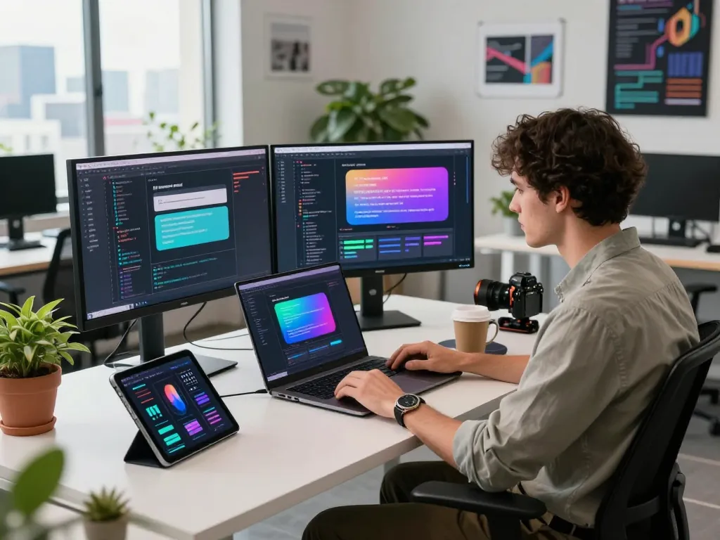 Developer creating spicy AI chat application in modern tech workspace with multiple screens and stylish decor