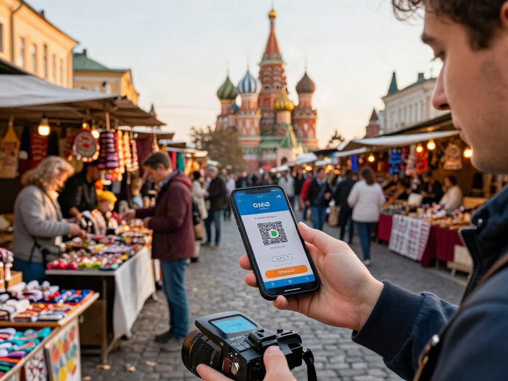 Pago en Rusia a través de https://payinrussia.com/ en un mercado vibrante, con código QR en el móvil.