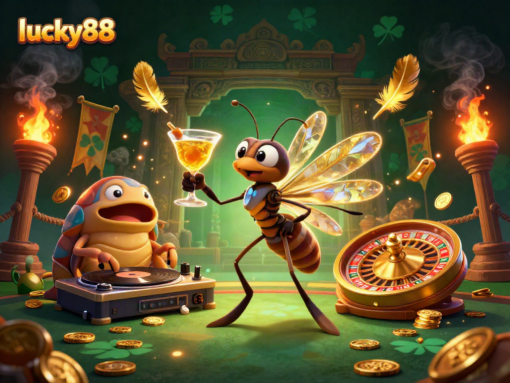 Experience thrilling gameplay with lucky88's vibrant casino atmosphere featuring unique characters and golden casino elements.