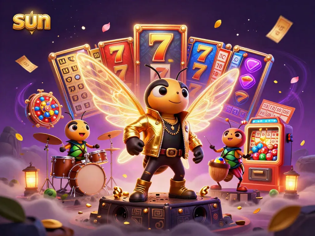 Experience excitement with sun-themed slot jackpots and vibrant characters in a lively 3D casino.