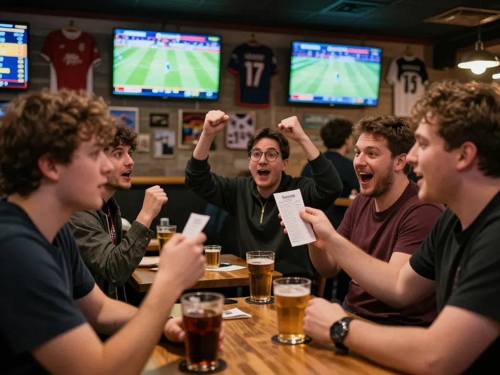 Excited bettors engaging in sports betting at a bar while tracking kèo nhà cái 5 odds.