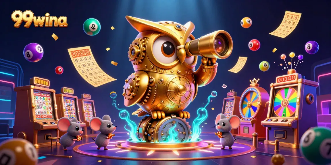 99wina showcases a vibrant scene of a golden owl observing an animated casino floor filled with games and lively action.