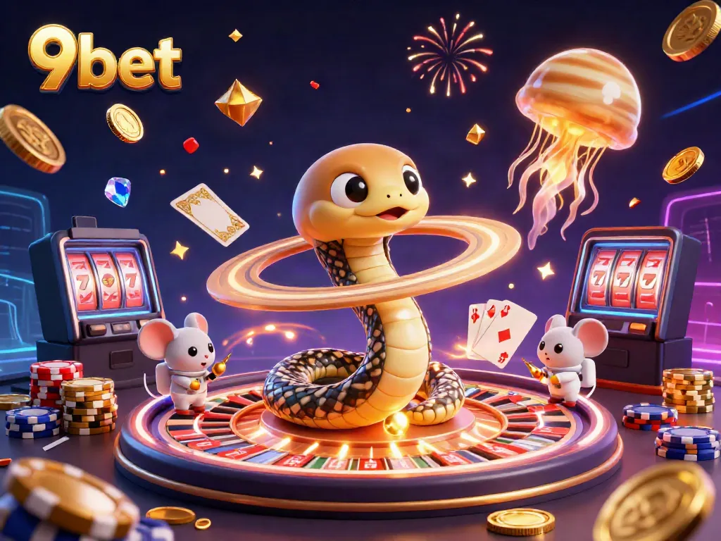 Experience thrilling adventures at 9bet with cosmic casino elements and excited bets in a vibrant scene.