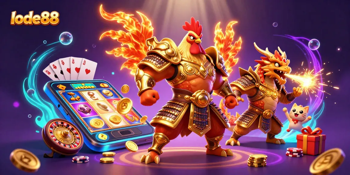 Engage with lode88's thrilling slot games in a vibrant, cartoonish casino atmosphere.