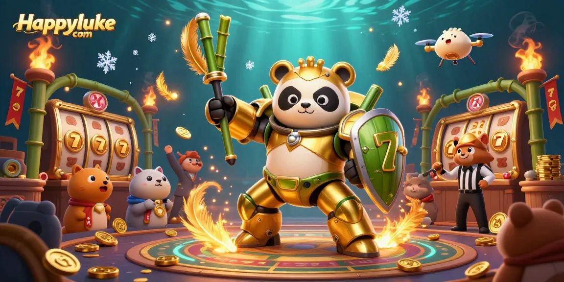 Engage in dynamic and vibrant gameplay at Happyluke com featuring slot reels, characters, and exciting casino elements.