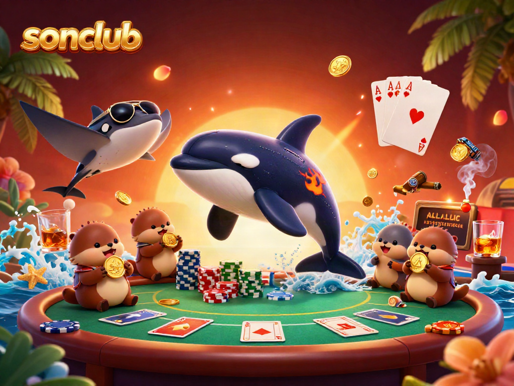 sonclub features a dynamic casino scene with a jumping orca, a stingray in aviators, and otters with coins.