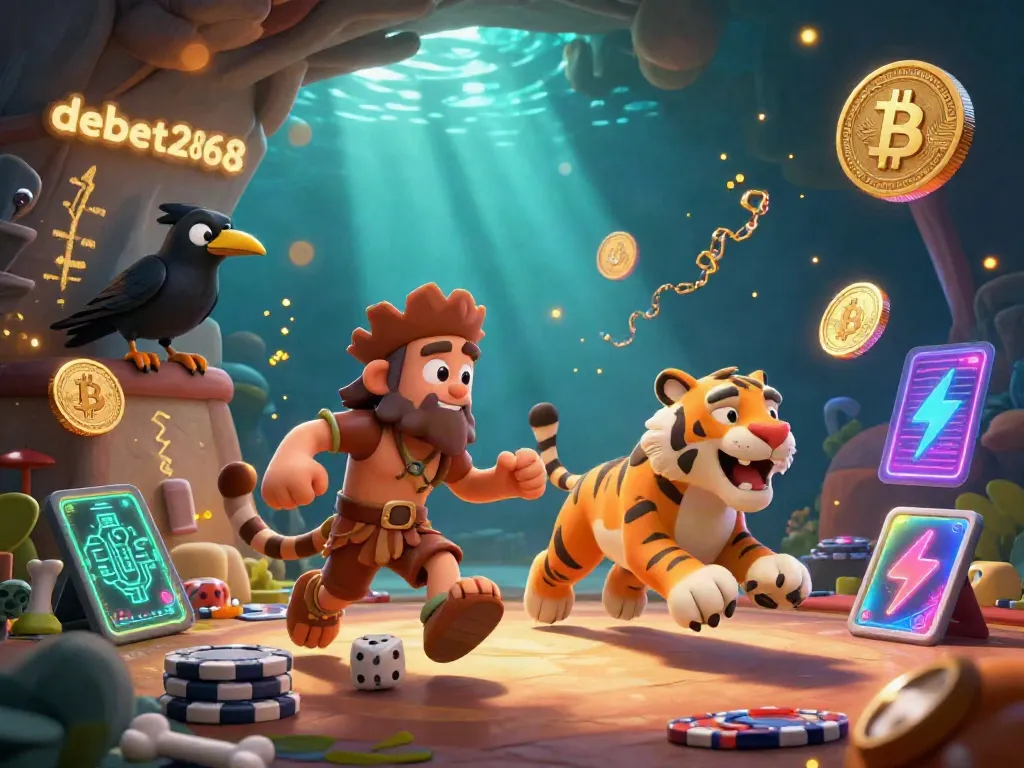 Experience thrilling gaming at debet2868 with a unique prehistoric casino scene featuring vibrant characters and rich graphics.