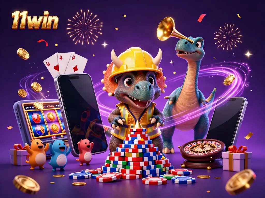 Engage with 11win's vibrant and energetic casino experience through a lively illustration featuring animated characters celebrating while surrounded by exciting gambling elements.