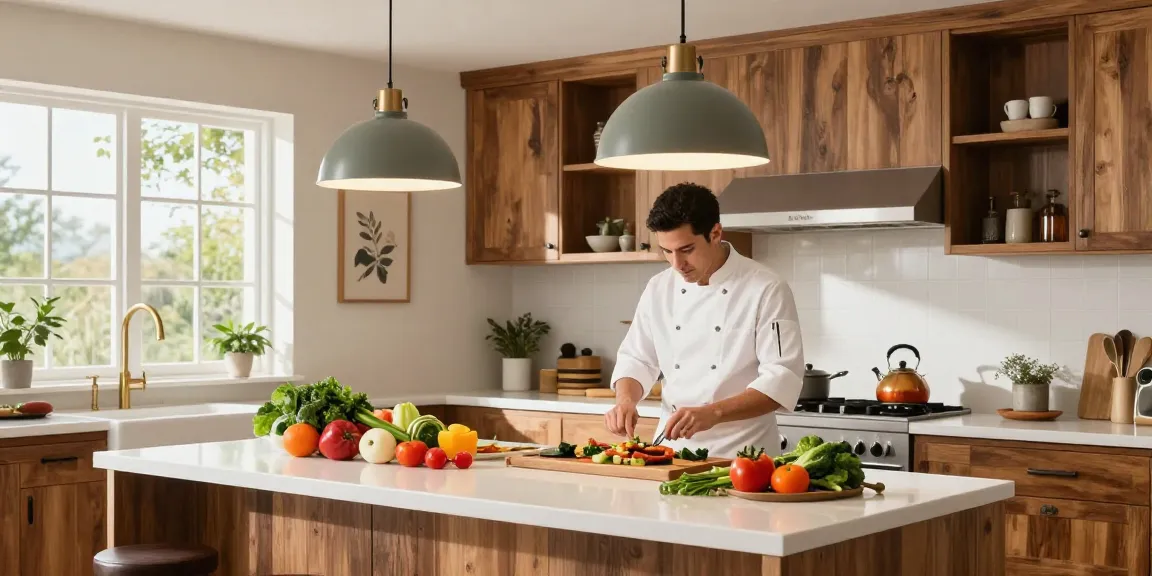 Cocina moderna y brillante con lámparas para isla de cocina elegantes iluminando la preparación gourmet de un chef.