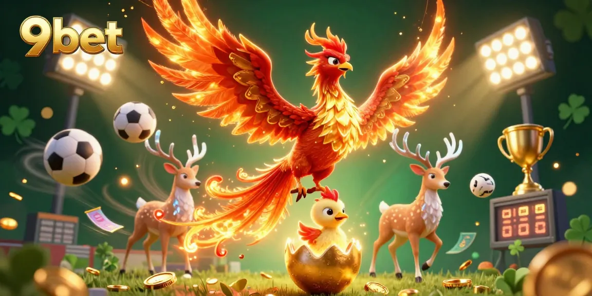 Place bets and win big with 9bet in an action-packed, vibrant casino scene featuring sports elements.