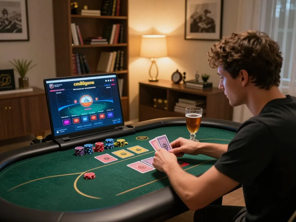 Player engaging with cm88game poker interface on a laptop in cozy home workspace