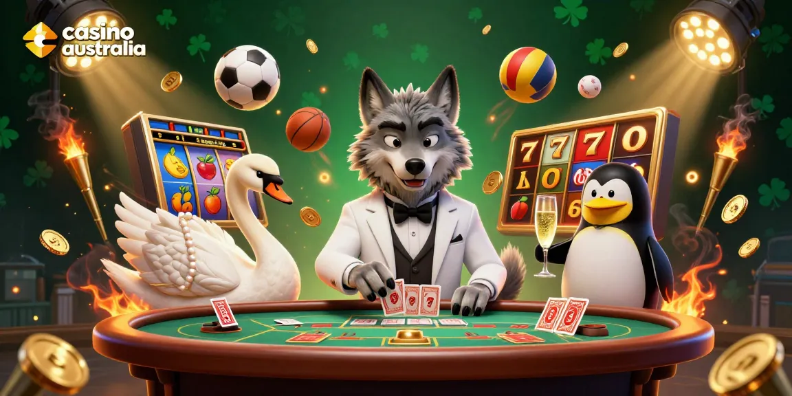 Experience the thrill of casino australia with a dynamic baccarat scene featuring a stylish wolf, swan dealer, and penguin sommelier.