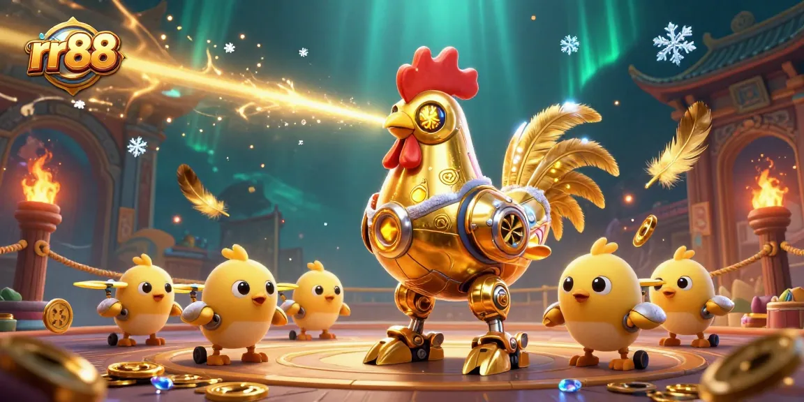 Experience thrilling betting at rr88 with a stunning golden rooster robot and baby chick drones.
