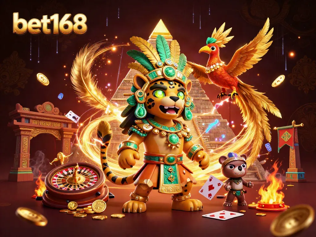 Experience the thrill of bet168 casino with a vibrant 3D Mayan scene showcasing dynamic gaming elements.