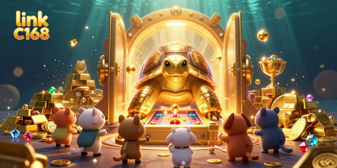 Engage in the excitement of link C168 as golden treasure bursts from a vault amid vibrant gaming elements.