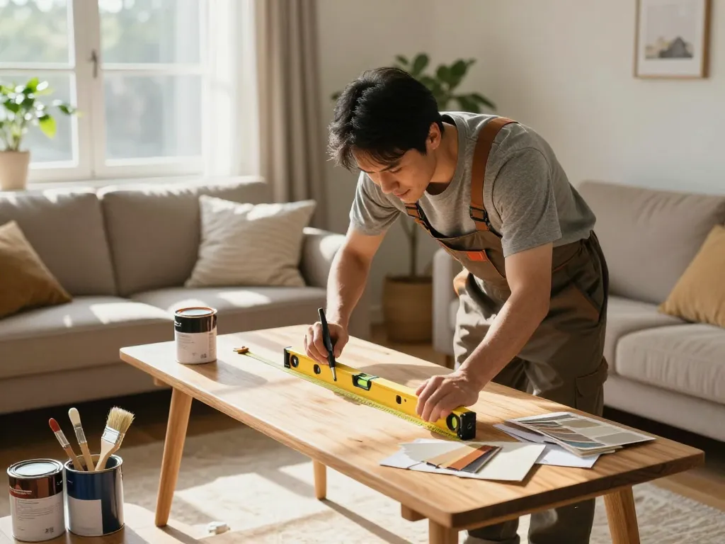 Actividades de mejora del hogar que muestran servicios hogar con un manitas midiendo muebles en una sala de estar luminosa.