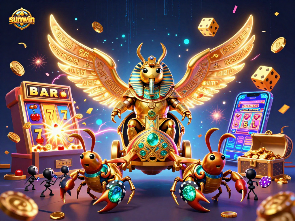 Join the exciting sunwin experience with a vibrant 3D casino illustration showcasing dynamic gaming elements.